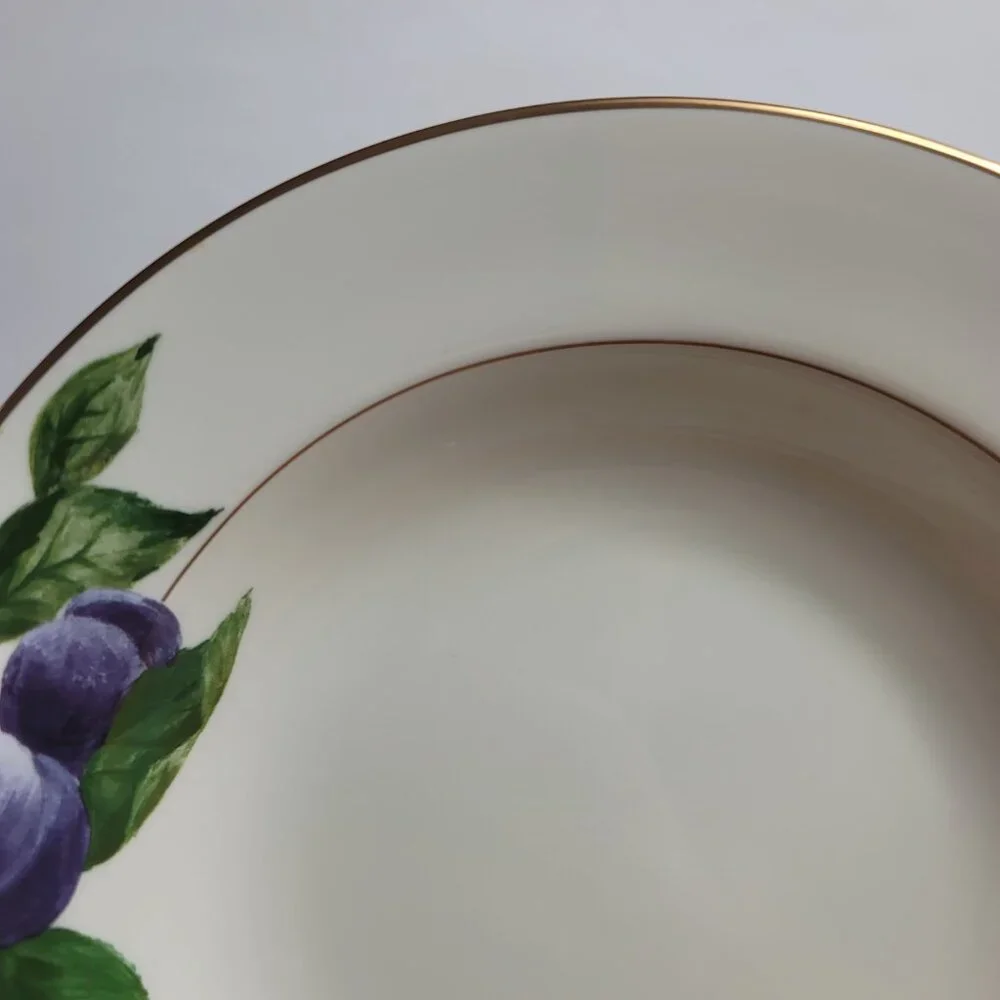 TWO Mikasa Plum L3132 Court Rim Soup Bowls White with Purple Plums Green Leaves
